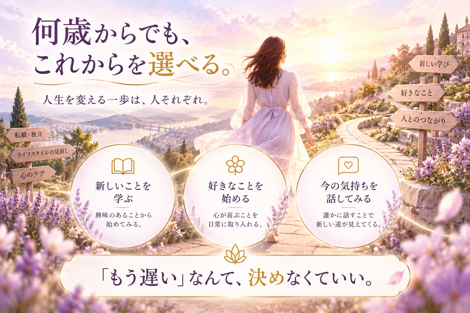 花咲く道を歩く女性と、新しいことを学ぶ・好きなことを始める・今の気持ちを話してみるという、何歳からでも始められる3つの行動を示した図